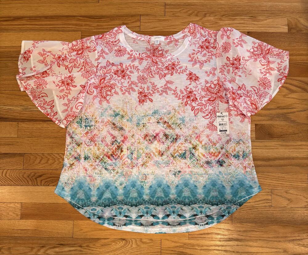 Concepts Blouse Womens XXXL 22 Multicolor Floral Rhinestone Flutter Sleeve Top